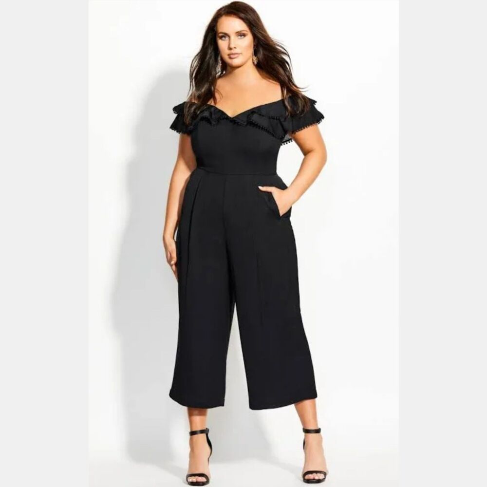 City Chic Renata Off-The-Shoulder Ruffled Jumpsuit Black - Plus 16 NWT